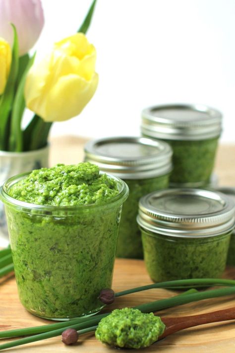 Chive pesto is a taste of spring, a bright and lively delight for your taste buds. If you've got a clump of chives, you've got the makings of this amazing pesto. All you need are a few other ingredients and about 10 minutes of time. Chive pesto's bold flavour complements so many different dishes. Use it just like regular pesto. It's even great on on crackers as a zesty appetizer (freezes well, too). #chivepesto #pesto #chives Chive Pesto, Keto Dips, Pesto Recipes, Egg Pasta, Sauteed Shrimp, How To Make Pesto, Veggie Dip, Canadian Food, Roasted Meat