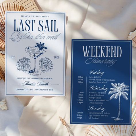 It's her last sail before the veil! 🍸🛳💍 Time to celebrate with this ocean inspired bach social club bachelorette weekend itinerary, for a hens party getaway like no other! This nautical bachelorette party invite set is easy to edit, ready for your sailor themed bachelorette party. Planning a sailing bachelorette party weekend for the beach loving bride to be just got easier! With these stunning bach social club themed bachelorette invitation & bachelorette weekend itinerary editable templa... Maine Bachelorette Party, Hamptons Bachelorette Party Theme, Last Sail Before The Veil Bachelorette, Sailing Bachelorette Party, Bach Itinerary, Club Invitation, Last Sail Before The Veil, Bachelorette Cocktails, Club Bachelorette