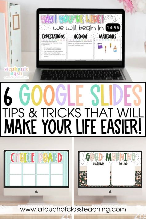 These 6 Google Slides tips and tricks will help make your life in the classroom so much easier, especially if you are struggling with transitions and time management as a teacher. Plus, I share how you can add countdown timers to any PowerPoint slideshow, which is a perfect tool to use during center rotations and transition periods in the classroom! Daily Google Slides For Classroom, Preschool Google Slides, How To Make Cute Google Slides, Interactive Google Slides, About Me Google Slides Ideas, Teacher Slides Template, Teacher Google Slides Ideas, Teacher Slide Template, Google Slides Tips And Tricks