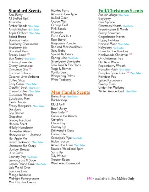 We Smell Candles Scent List. Standard Scents, Seasonal Scents and Man Candle Scents Christmas Candles Names, Fall Candle Names Ideas, Manly Candle Scents, Names For Candles, Candle Names Unique, Candle Scent Names, Scents List, Candle Scent Combinations, Candle Names