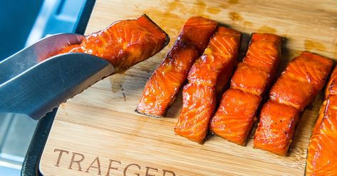 Smoked Salmon Candy Recipe | Traeger Wood Fired Grills Smoked Salmon Candy Recipe, Candy Salmon, Candied Salmon Recipe, Candied Salmon, Salmon Candy, Meat Candy, Best Salmon Recipe, Salmon Vegetables, Traeger Grill Recipes