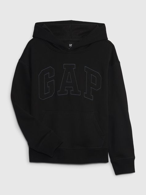 Soft knit cotton-blend hoodie.  Hooded neckline.  Long sleeves with banded cuffs.  Gap arch logo at front.  Front kanga pocket.  Banded hem.  Straight, easy fit.  Hits at the hip. Gap Hoodie Women, Black Gap Hoodie Outfit, Grey Gap Hoodie Outfit, Black Gap Hoodie, Baddie Wishlist, Black Hoodie Aesthetic, Gap Aesthetic, Gap Hoodies, Gap Clothes