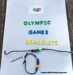 Olympic Games Bracelet and olympics party ideas Olympic Vbs, Summer Olympics Crafts, Vbs Olympics, Preschool Olympics, Olympic Games For Kids, Fundraising Games, Olympic Idea, Olympics Party, Kids Olympics