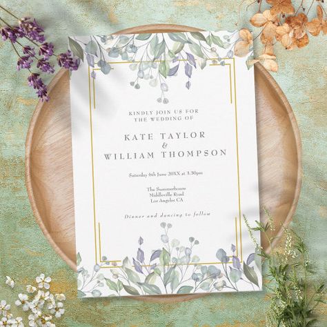 $2.92 | Greenery Sage Lilac Floral All In One Wedding #all in one wedding invitation, botanical affordable wedding, modern cheap wedding, rsvp and reception details, simple inexpensive wedding, elegant budget wedding, sage lilac watercolor floral foliage, chic gold geometric, romantic, whimsical Lilac Wedding Themes, Lilac Leaves, Sage Green Wedding Theme, Lilac Wedding Invitations, Lavender Wedding Theme, Wedding Theme Color Schemes, Lavender Wedding Invitations, Purple And Green Wedding, Stylish Wedding Invitation