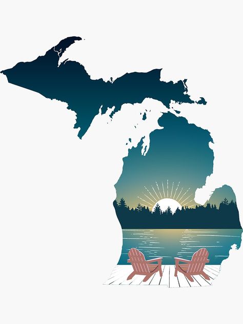 "Up North Sunset Mitten" Sticker by GreatLakesLocal | Redbubble Michigan Mitten Tattoo, State Of Michigan Tattoo, Great Lakes Outline, Wine Paint Party, Michigan Illustration, Michigan Tattoos, Michigan Outline, Michigan Facts, Michigan Sticker