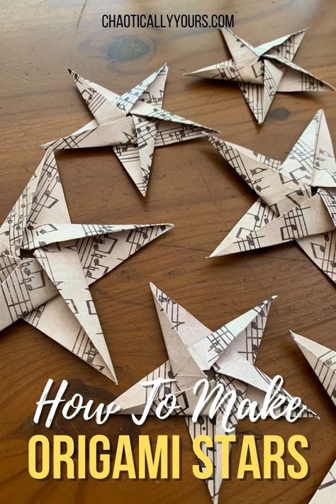 Learn how to make easy origami star.  This tutorial includes step by step pictures, video, and FREE printable instructions for how to make your own origami stars. Origami Star Folding Instructions, Origami Paper Stars Tutorial, How To Fold Stars Origami Paper, Folding Stars Paper Christmas Ornament, Paper Start Diy, Paper Folded Stars How To Make, 3d Origami Star Step By Step, 3 D Paper Stars How To Make, How To Make Small Paper Stars