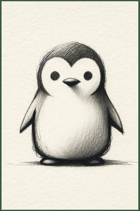 Pencil sketch of a cute, cartoonish penguin with large eyes and a heart-shaped face. Easy Drawing For Class 1, Easy Animal Drawings For Beginners, Drawing Ideas Pencil Beginner, Simple Drawings Pencil, Easy Ink Drawings, Simple Sketch Ideas For Beginners, Easy Simple Doodles Drawing, Cute Small Drawings Doodles Simple, Simple Drawings For Beginners