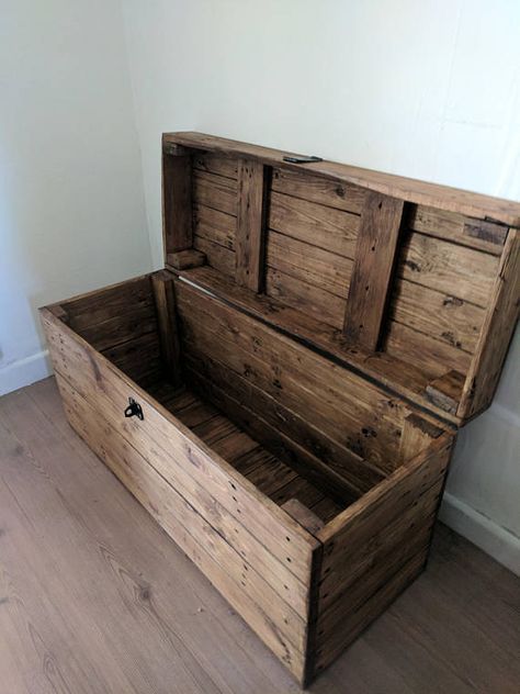 Rustic wooden storage trunk/chest. Handmade from reclaimed pine & yew with a hinged Clamshell lid and lockable hasp The wood is selected for size and characteristics before being sanded to reveal its natural beauty. The pieces are then assembled using quality wood screws for Wooden Chests Rustic, Wooden Trunks Chest, Wooden Storage Chest, Diy Wooden Trunk, Diy Chest Trunk, Wood Trunk Ideas, Wooden Chest Diy, Storage Chest Diy, Diy Wooden Chest