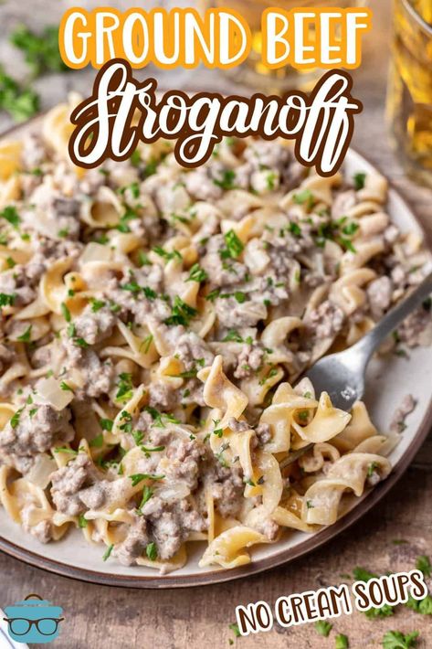 This recipe for homemade beef stroganoff recipe is made without any cream soups and made from scratch but still easy! Creamy and delicious! Hamburger Beef Stroganoff, Beef Stroganof, Hamburger Stroganoff Recipe, Homemade Beef Stroganoff, Best Beef Stroganoff, Cream Soups, Beef Stroganoff Recipe, Beef Stroganoff Easy, Ground Beef Stroganoff