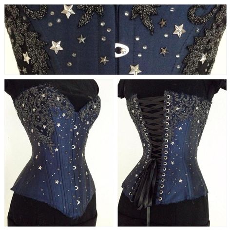 starry night dark blue sky corset magical witch majestic fairytale Blue Moon Witch, Space Homecoming Theme Outfit, Dark Blue Dress With Stars, Celestial Aesthetic Clothes Dresses, Night Aesthetic Clothes, Celestial Witch Aesthetic Outfit, Space Corset, Space Wedding Dress, Blue Witch Costume