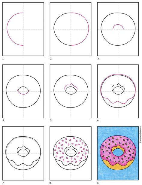 Easy How to Draw a Donut Tutorial and Donut Drawing Coloring Page How To Draw A Donut Step By Step, Donut Painting Easy, How To Draw Donut, How To Draw A Donut, Donut Art Project For Kids, How To Draw Desserts, Donut Drawing Easy, Candy Art Drawing, How To Draw Food