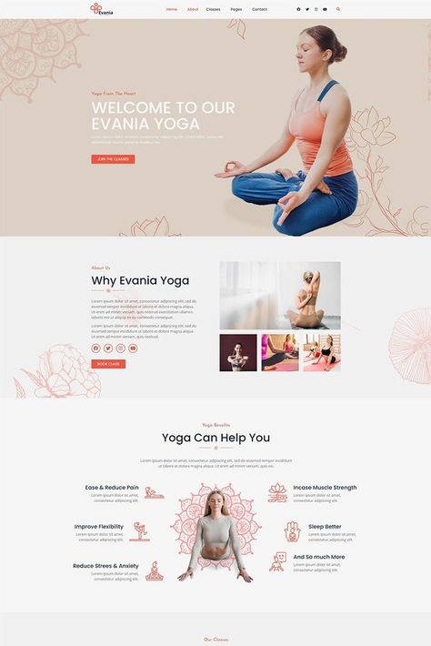 Evania - Yoga Studio Elementor Template Kit Yoga Studio Website, Yoga Web, Yoga Website, About Us Page Design, Yoga Marketing, Website Design Inspiration Layout, Studio Website, Business Fonts, Yoga Design