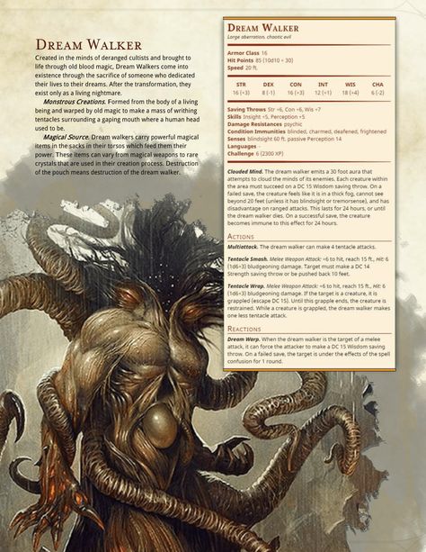 Dream Walker: DnD 5e Homebrew Dnd Dream Monster, Dnd Eldritch Horror, Dnd Homebrew Monsters, Witcher Dnd, Lovecraftian Monsters, Dream Monster, 5e Monsters, Witcher Monsters, Dream Walker