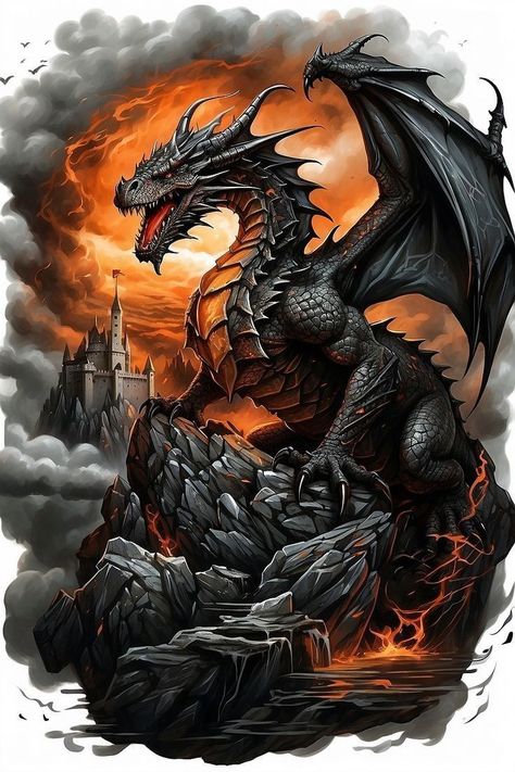 Knight Vs Dragon Art, Dragon With Skull Tattoo, Dragon Pictures Realistic, Black Dragon Drawing, Fire Dragon Aesthetic, Two Dragons Tattoo, Medieval Dragon Tattoo, Dragon Tattoo Realistic, Tattoo Designs Realistic