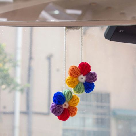 Handmade Puff Flower Hanging Crochet Cute Car Accessories Rear | Etsy 2024 Crochet, Decor For Car, Puff Flower, Hanging Crochet, Flower Hanging, Crochet Cute, Rear Mirror, Cute Car Accessories, Crochet Inspo