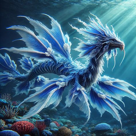 Explore the depths of the ocean with this stunning blue dragon, inspired by the blue dragon sea slug. Its vibrant hues and delicate frills create a mesmerizing underwater spectacle to be feared. If touched it will render imobility. Tags: #Dragon #Ocean #SeaSlug #FantasyArt #BlueDragon #MythicalCreatures #ExoticDragons Underwater Dragon Art, Fantasy Sea Dragon, Water Dragon Design, Water Creatures Art, Insect Dragon, White And Blue Dragon, Underwater Dragon, Blue Dragon Sea Slug, Dragon Sea Slug