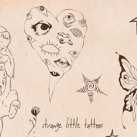 𝒜𝒢𝒩𝐸𝒮 𝑅𝒪𝒮𝐸☁️🏹 on Instagram: "strange little tattoos 🧸 had so much fun drawing these, i think the fairy is my favorite!🧚🏻‍♂️  •dm me to book any of these! starting to book for july as of right now!☁️ •located at the convent, deptford nj  #njartist #njtattooartist #tattooideas #flash #tinytattoos" Strange The Dreamer Tattoo, Whimsical Flash Tattoo, Fairy Tattoo Designs Vintage, Fairy Flash Art, Strange Tattoos, Dreamer Tattoo, Trippy Fairy Tattoo, Weird Tattoos, Little Tattoos