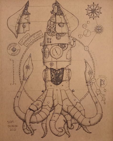 Steampunk Squid Ink Illustration , Sam Deacon on ArtStation at https://www.artstation.com/artwork/q9aRwR Steampunk Art Drawing, Squid Drawing, Steampunk Drawing, Sea Life Artwork, Steampunk Illustration, Steampunk Animals, Steampunk Items, Mechanical Animals, Steampunk Artwork