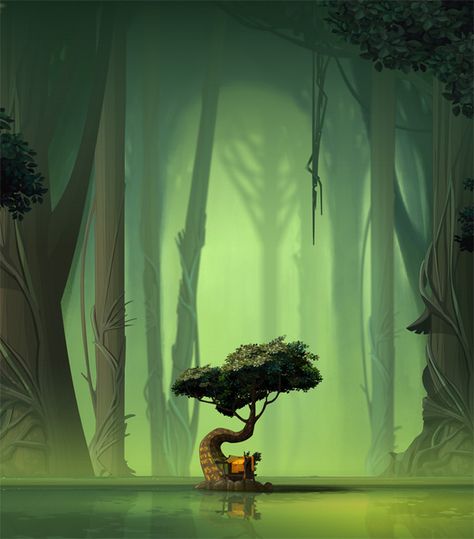 El árbol de la vida, Sadida Bayou Concept Art, Swamp Environment Concept Art, Swamp Trees Concept Art, Background Animation Concept Art, Jungle Tree Illustration, Swamp Background Art, Drawn Backgrounds Illustrations, Lake Concept Art, Swamp Concept Art