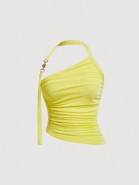 Solid Ruched Halter Bodycon Summer Top Yellow Sexy   Knitted Fabric Plain Halter High Stretch  Women Clothing, size features are:Bust: ,Length: ,Sleeve Length: Fairy Outfit, Seductive Clothes, Evening Dresses Short, Yellow Outfit, Yellow Top, Womens Tops Summer, Music Fashion, Mood Board Fashion, Summer Top