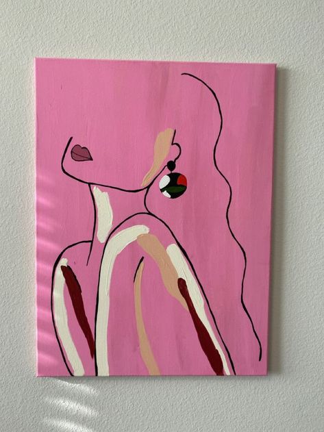 Barbie Drawings Aesthetic, Black And Pink Canvas Painting, Pink Theme Canvas Painting, Pink Wall Art Canvas Paintings, Pink Painting Ideas On Canvas Easy, Pink Simple Painting, Canvas Painting Ideas For Beginners Pink, Pink Acrylic Canvas Painting, Canvas Painting Ideas Pink Background