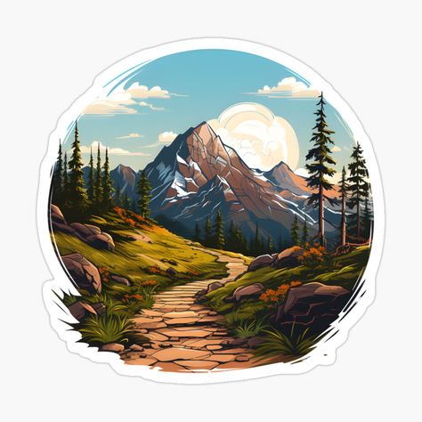 Get my art printed on awesome products. Support me at Redbubble #RBandME: https://www.redbubble.com/i/sticker/Trail-Through-Mountains-by-KSimpson838/153727838.EJUG5?asc=u Mountain Stickers Printable, Mountain Design Illustration, Mountain Stickers, Mountains Logo, Word Tattoo Ideas, Mountains Sticker, Moose Logo, Cute Monsters Drawings, Word Tattoo