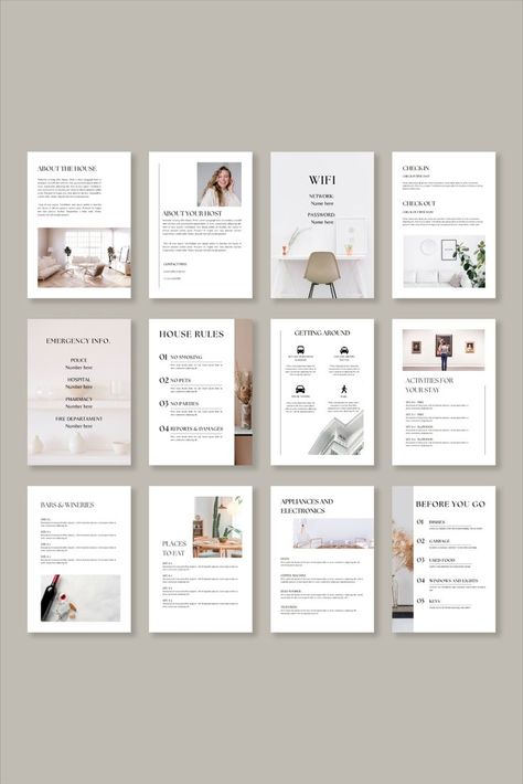 This Airbnb Welcome Book is the perfect tool to encourage your guests to leave great reviews and to have a wonderful time in your rental home. With this template, they will know all the information they need to have an amazing stay. You can customize everything on Canva and there is no need of design experience! 

Those guests who receive a Welcome Book when they arrive are more likely to leave a 5 star review for your Airbnb listing and are more likely to book with you again in the future! Welcome Booklet Airbnb, Police Number, Airbnb Reviews, Airbnb Host Tips, Host Tips, Airbnb Welcome Book Template, Wifi Names, Airbnb Welcome Book, Airbnb House