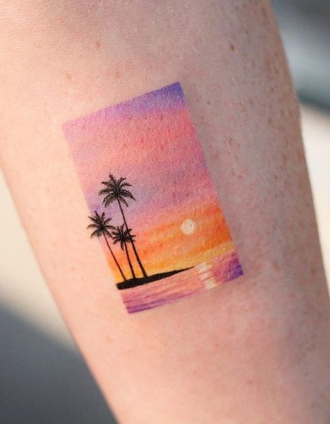 340+ Beach Tattoo Designs (2023) - TattoosBoyGirl Sunrise Tattoo, Sunset Tattoo, Purple Tattoos, Sunset Tattoos, Framed Tattoo, Sea Tattoo, Palm Tattoos, Landscape Tattoo, Ocean Tattoos