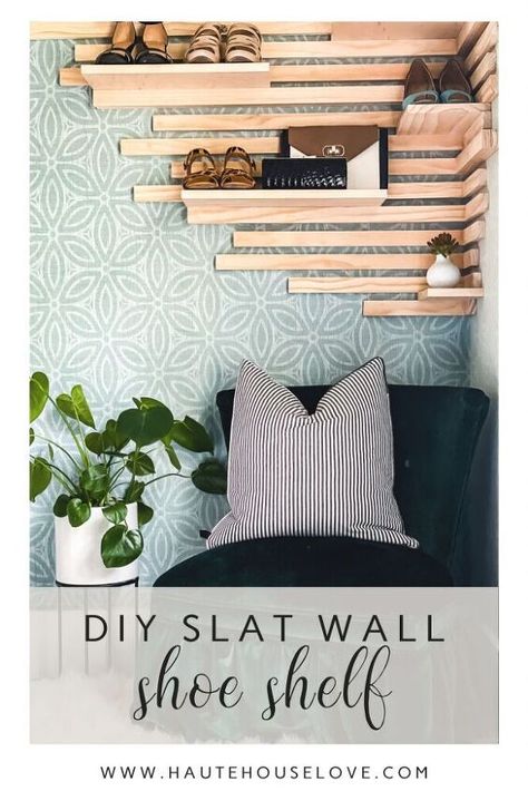 Diy Slat Wall, Wall Shoe Rack, Wall Trends, Slatted Shelves, Diy Shoe Rack, Wood Slat Wall, Diy Shoe, Wall Shelves Design, Shoe Shelf