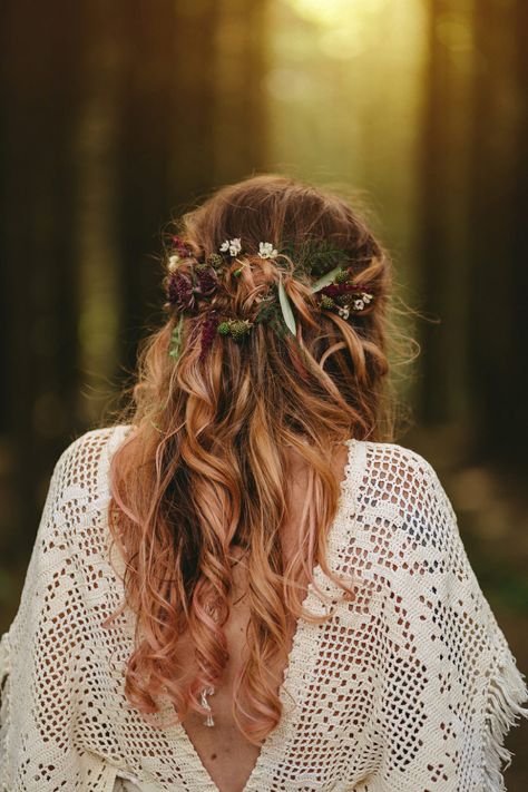 Boho Forest Wedding in the Field of Dreams: Christin & Gareth | OneFabDay.com Ireland Wedding Hairstyles Cottagecore, Forest Witch Hairstyles, Wedding Veil And Flower Crown, Cottagecore Wedding Hairstyles, Cottage Core Wedding Hairstyles, Woodsy Wedding Hair, Wildflower Wedding Crown, Cottagecore Wedding Hair, Fairy Wedding Hairstyles