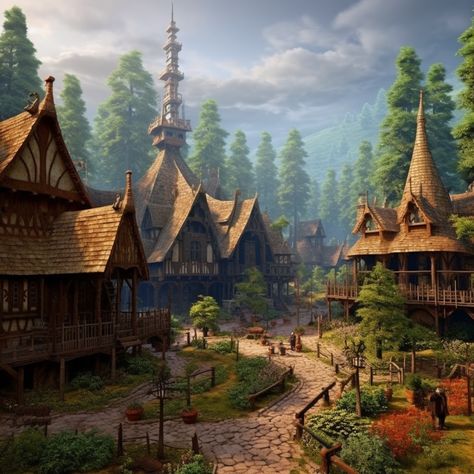 Elven Town Fantasy Art, Fantasy Town Concept Art Forest, Kingdom In The Forest, Medieval Fantasy Town Concept Art, Forest Town Fantasy Art, Fantasy Elf Village, Forest Village Concept Art, Medieval Forest Village, Fantasy Highlands