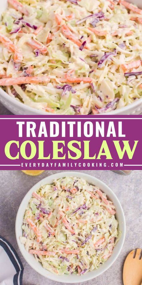 This traditional coleslaw recipe will blow your mind! This dish can not only serve as a side dish but also complements a range of dishes. The combination of crunchy and creamy, sweet and tangy will satisfy your cravings. In just 4 easy steps, you can make your traditional coleslaw. Southern Cole Slaw, Recipe For Coleslaw, Tangy Coleslaw Recipe, Cold Slaw, The Best Coleslaw, Traditional Coleslaw Recipe, Best Coleslaw, Best Coleslaw Recipe, Coleslaw Recipes