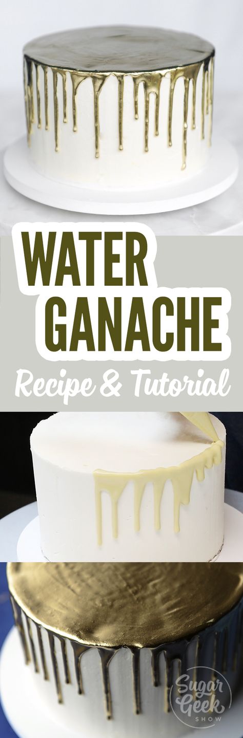 Water ganache is ganache made with water instead of cream. The taste is still just as good but with no added dairy. You might make water ganache for a few reasons. Maybe you ran out of cream, maybe you have cottage laws in your area that prevent you from using fresh dairy. Maybe you’re looking to make a vegan version of ganache. Whatever your reasons are, water ganache acts just the same as regular white chocolate ganache and is great for making those pretty drip cakes. Ganache Cake Decoration Ideas, Drip Ganache Recipe, Vegan Drip Cake, Ganache For Drip Cake, Water Ganache Drip, Chocolate Ganache Drip Cake Recipe, Best Chocolate Ganache For Drip Cake, Chocolate Ganache Frosting Recipe, Ganache Recipe Frosting