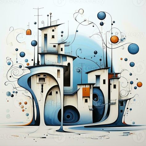 Surreal House, Geometry Painting, Building Abstract, Abstract Model, Village Quilt, Playful Painting, House Castle, Castle Building, Building Illustration