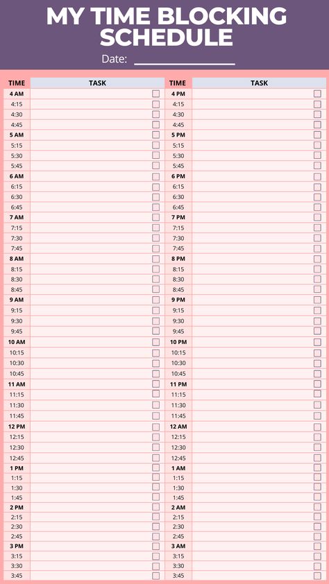 Grab the Kawaii Daily Planner Template to schedule your daily to-do list. Get the printable PDF now. (15-minute intervals /24-hours) Use it for studying or time blocking your work 💜 Work Timetable Template, Organisation, 15 Minute Planner, Time Block Daily Planner, Time Blocking Planner Free Printable, Block Time Schedule, Printable Hourly Planner, Hourly Study Planner Printable, Schedule Planner Templates