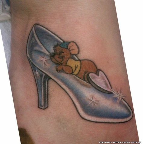 Glass shoe with gusgus Disney tattoo Gus Tattoo Cinderella, Floral Hidden Disney Tattoo, Cinderella Mice Tattoo, Cinderella Slipper Tattoo, Cinderella Glass Slipper Tattoo, Glass Slipper Tattoo, Gus Gus Tattoo, Cinderella Tattoos, Cinderella Tattoo