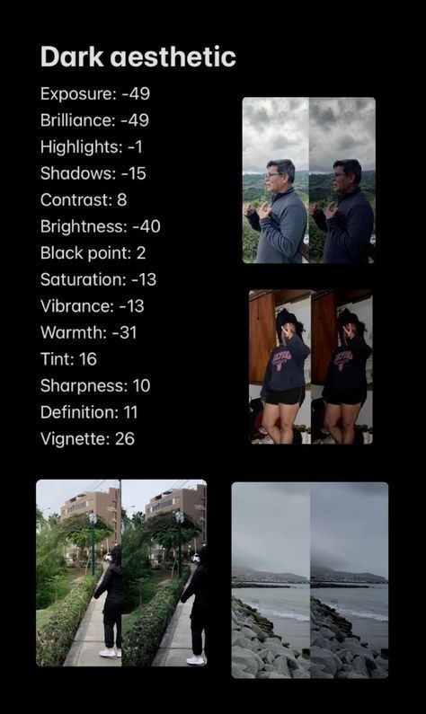 Photo Editing For Dark Pictures, Phone Photo Editing Dark, Aesthetic Edit For Instagram, Dark Aesthetic Pictures Editing, Editing Dark Photos, How To Make Dark Aesthetic Filter, Picture Edits Aesthetic, Filter For Dark Photos, Camera Filters Iphone Dark