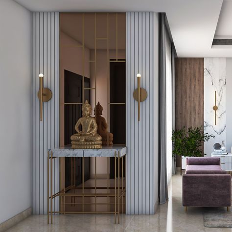 Compact Foyer Design With Bronze Tinted Mirror | Livspace Bathroom Basin Design, Foyer Design Modern Entrance, Bronze Tinted Mirror, Bathroom Designs Ideas, Vanity Double Sink, Bathroom Vanity Double Sink, Entrance Foyer Design, Buddha Wall Decor, Modern Partition Walls