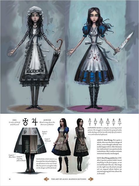 Concept Art and Illustration from The Art of Alice: Madness Returns. Nice notes on the clothing details. Ken Wong, American Mcgee’s Alice, Dark Alice In Wonderland, Wonderland Artwork, Alice Liddell, Alice Madness Returns, Concept Art World, Alice Madness, Arte Inspo