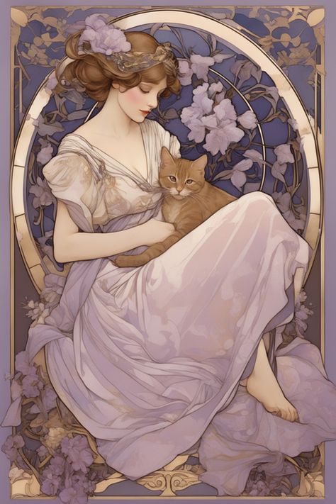 Elegarta Design - Art nouveau - Mucha Inspired Art - Girl with a cat Mucha Posters Art Nouveau, Alphonse Mucha Poster, Mucha Inspired Art, Mucha Art Nouveau Illustrations, Art Nouveau 1900, Art Noveau Women, Art Nouveau Fanart, Art Nouveau Goddess, Art Nouveau Style Illustration