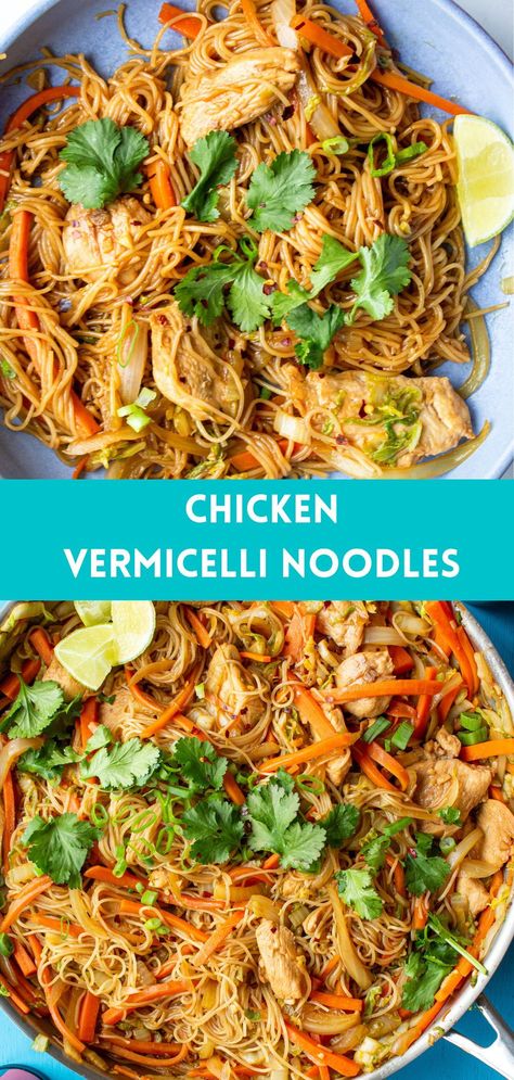 Looking for easy Chinese recipe ideas? This chicken Vermicelli noodle recipe is bursting with flavour. It takes less than 30 minutes to prepare, making it perfect for a weeknight dinner or make ahead freezer friendly meal. Chicken Vermicelli Salad, Gluten Free Vermicelli Recipes, Vermicelli Recipes Healthy, Chicken And Vermicelli Noodles, Vermecilli Rice Noodles Recipes, Vermicelli Chicken Recipes, Recipes With Vermicelli Rice Noodles, Vercemelli Noodles Recipes, Thai Vermicelli Noodles