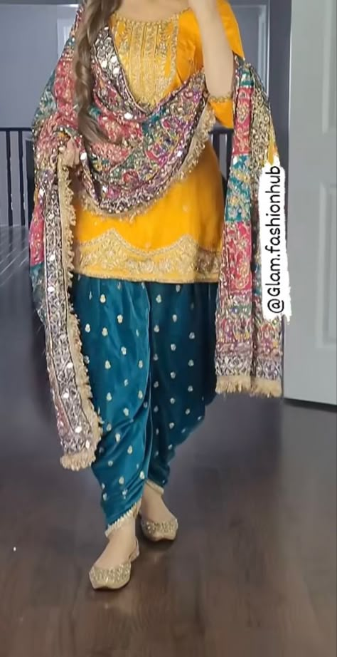 Haldi Punjabi Suit, Patiala Dress Patterns, Patiala Dress Designs, Tulip Suit Design, Patyala Suit Designer For Girl, Patiala Suit Designs Party Wear, Colourful Dupatta, Dhoti Dresses For Women, Latest Traditional Dresses