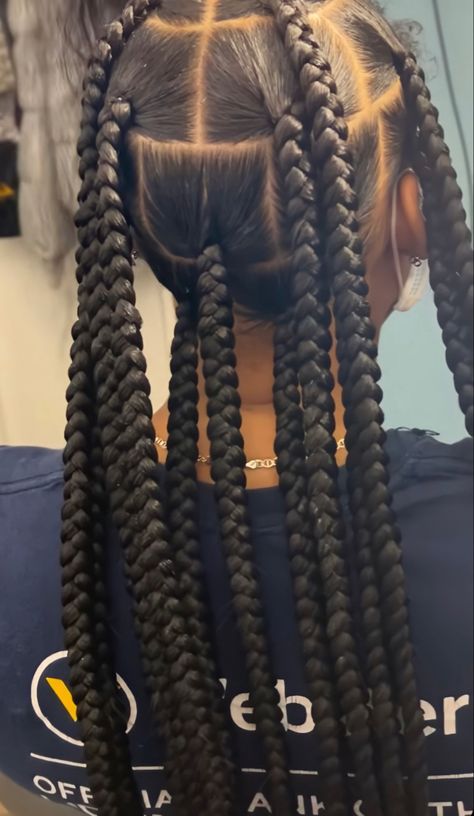 Jumbo Knotless Braids Styles, Jumbo Knowles Braids, Jumbo Knot Less Box Braids, Jobo Knotless, Braids For Black Women Big Parts, Big Parts Knotless Braids, 6 Big Box Braids, 4 Parts 8 Braids, Jump Knotless Braids