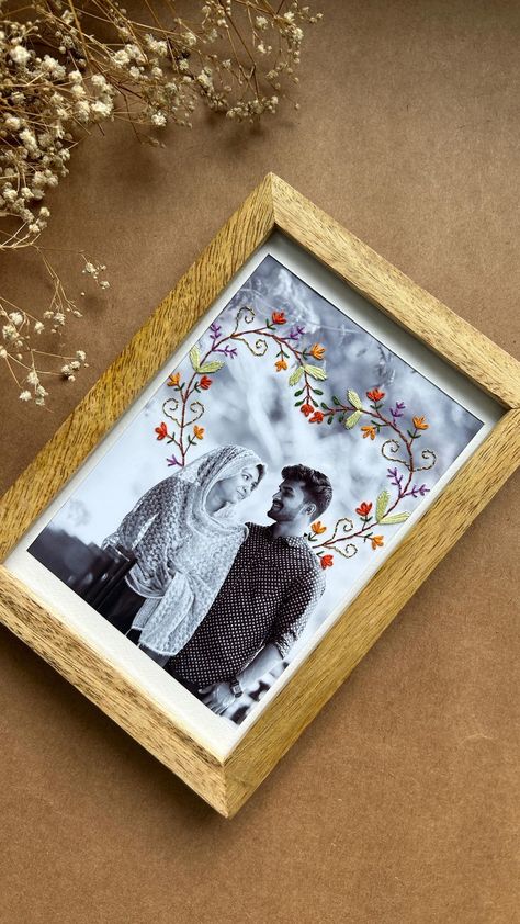 BespokebySaurabh | Happy Anniversary.❤️ Hand embroidery on photo paper. 🩵💛 Frame size 8 by 10 inch. DM to order/Enquiry. . . . #bespokebysaurabh... | Instagram Family Embroidery Design, Embroider On Photo, Embroidering Photographs, Embroidery On Photos, Embroidery Photo Frame, Products Photoshoot, Anniversary Embroidery, Photo Paper Frame, Dramatic Poses