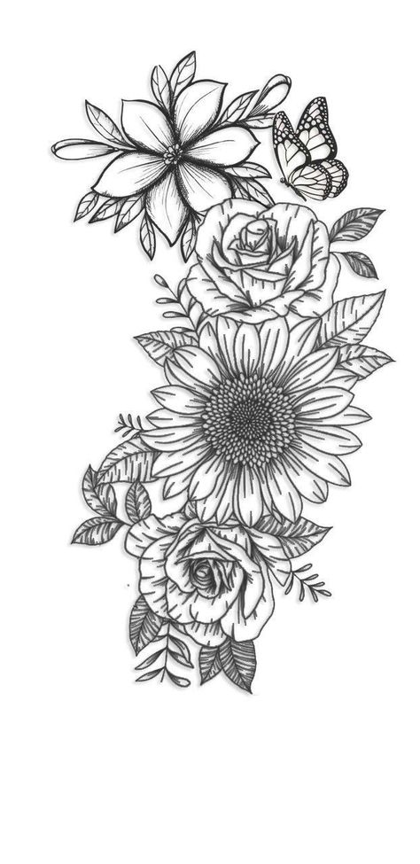 Sunflower Sleeve, Tattoos Hip, Tattoo Design Flower, Floral Hip Tattoo, Flower Hip Tattoos, Flower Tattoo Stencils, Tattoos Floral, Hip Tattoo Designs, Floral Thigh Tattoos