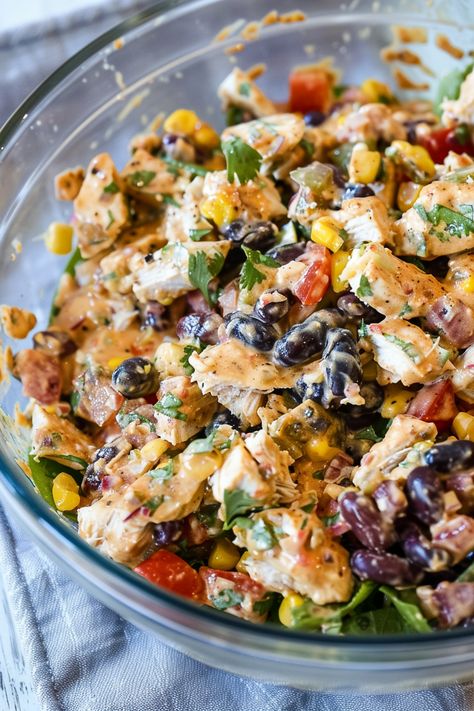 Zesty Southwest Chicken Salad Chick Pea Salad Recipes With Chicken, Zesty Southwest Chicken Salad, Salads Recipes Lunch, Cob Chicken Salad, Weeknight Salad Dinner, Zesty Chicken Salad, Chickfila Southwest Salad Recipe, Mango Chutney Chicken Salad, Healthy Shredded Chicken Salad