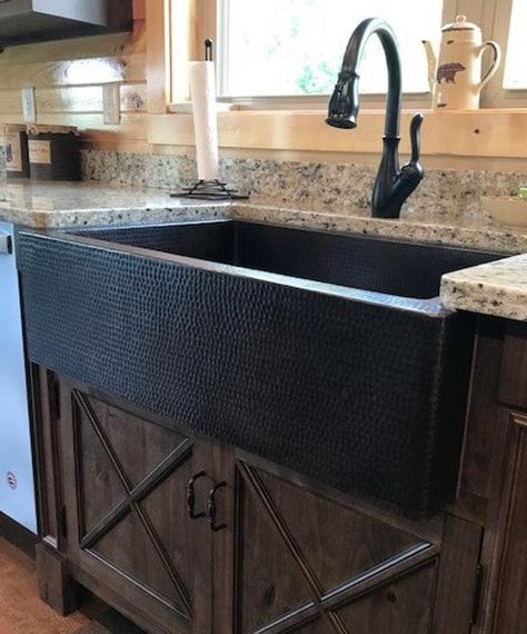 "Discover the Old World Beauty of our Handmade Copper Sinks. Easy to care for. Each sink is a one of a kind work of art! SimplyCopper wants you to Design with the Sink in Mind. This Rustic Farmhouse kitchen sink is hand forged from 14-gauge copper, and 14-gauge copper for the apron. This sink is hand-hammered and fired to achieve a gorgeous patina. Model: 33\" Model Specifications 33\" x 22\" x 9\" OR 10\" Outside Dimension (choose depth) 29\" x 18\" x 9\" OR 10\" Inside Dimension (choose depth) Copper Kitchen Sink Farmhouse, Sink Inspiration, Men Bedroom, Goth Bedroom, Grandma Chic, Copper Sinks, Western Kitchen, Hype Beast, Farmhouse Kitchen Sink