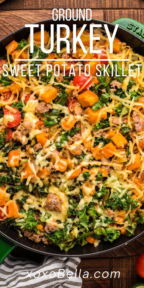 Ground Turkey Recipes Paleo, Chicken And Kale Recipes, Kale Skillet, Turkey Skillet, Ground Turkey Recipes Easy, Turkey Sweet Potato, Ground Turkey Recipes Healthy, Healthy One Pot Meals, Sweet Potato Skillet