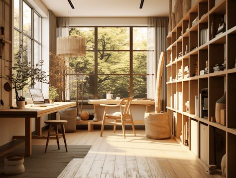 8 Ways to Create a Japandi Office for Sustainable Style - Melanie Jade Design Japandi Home Office Design, Japandi Library, Japandi Window, Japandi Desk, Work From Home Office Setup, Scandi Office, Japandi Home Office, Minimalist Workspace, Crittal Windows