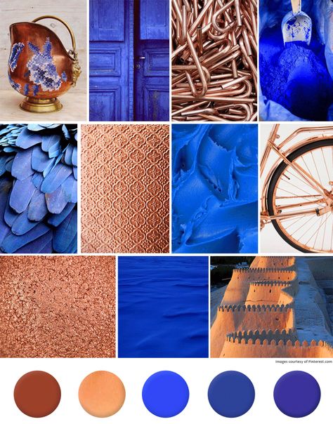 Copper and Blue Cobalt Blue Mood Board, Royal Blue And Copper Wedding, Color Palette Cobalt Blue, Lapis Lazuli Color Palette, Cobalt Blue Colour Palette, Blue And Copper Bedroom, Blue And Copper Living Room, Cobalt Blue Color Palette, Royal Blue Color Scheme